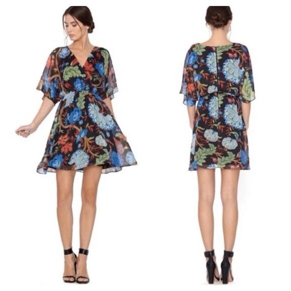 Alice + Olivia Cay Alder Floral Mini Dress Size 4 Black V-Neck Dolman Fall Party - Picture 1 of 12